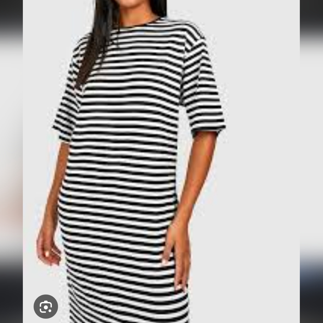 Boohoo Size 14 Striped Stretch Belted Tie Waist Black And White Striped Dress